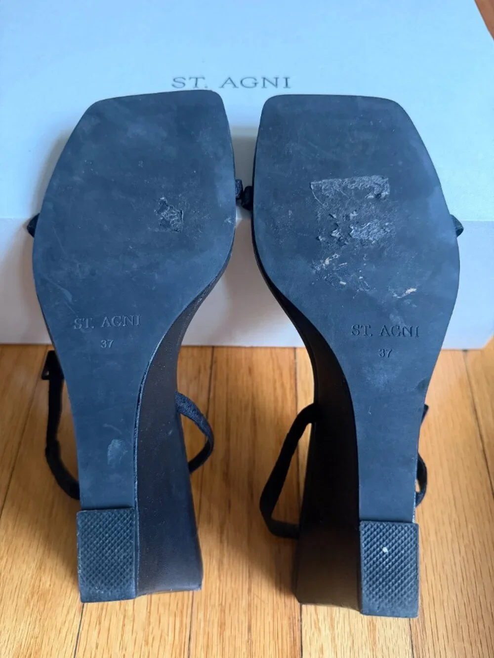 St. Agni Brasserie Wedge Black Leather Strappy Sandals Square Toe Heel